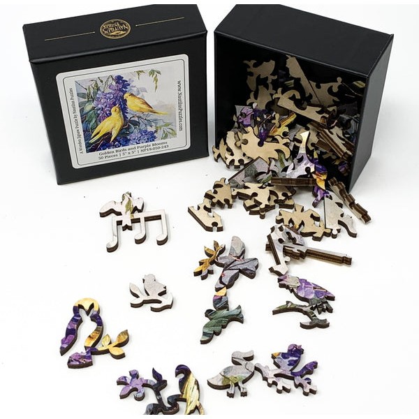Golden Birds and Purple Blooms (50 Piece Mini Wooden Jigsaw Puzzle) UK