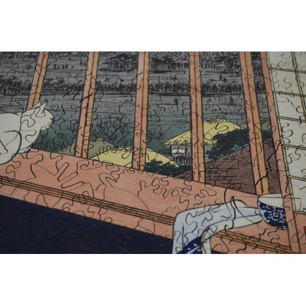 Asakusa Rice Fields (Cat in Window, Watching Mt Fuji) by Ando Hiroshige (416 Piece Adult Wooden Puzzle) UK